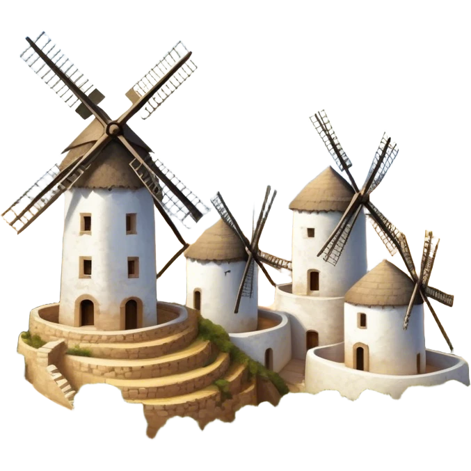 ​Cinematic Realistic Spanish Windmills (Mota del Cuervo), depicted as a cluster of gracefully aged windmills with weathered whitewashed facades and rustic wooden sails, standing proudly on a sunlit, rolling hillside of golden fields and olive groves, rendered with intricate textures and soft natural lighting that captures the timeless rural charm and historical significance of the Spanish landscape, emoji