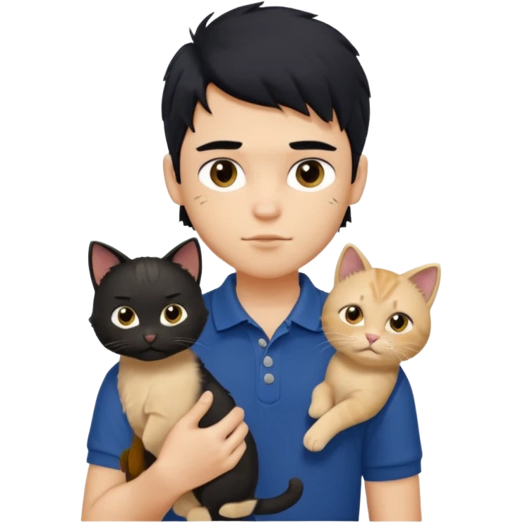 generate a pretty fair bratz boy with a messy mullet (black hair), wearing a dark blue polo.  holding a beige cat emoji