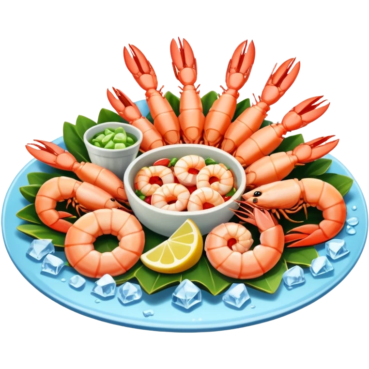 Create a realistic seafood platter with cooked prawns, ice, & garnish. emoji