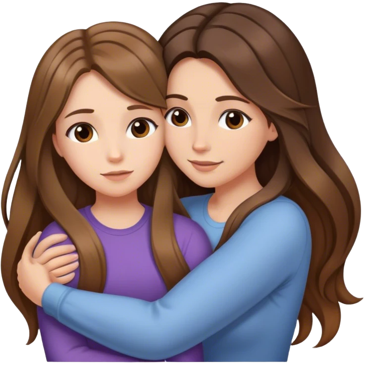 Mom with long balayage beautiful hair and daughter with long brown hair hugging emoji