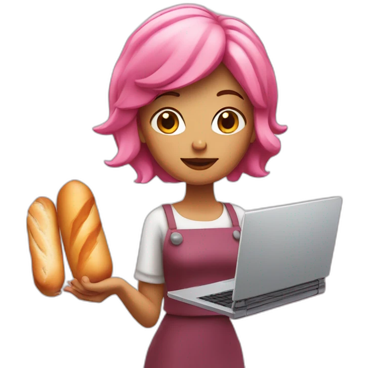 lady with pink Hair holding a baguette and a laptop emoji