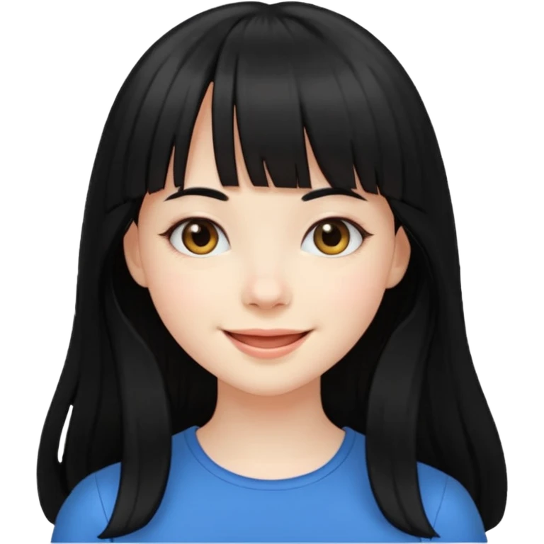 Pale girl with long black hair with bangs, happy emoji