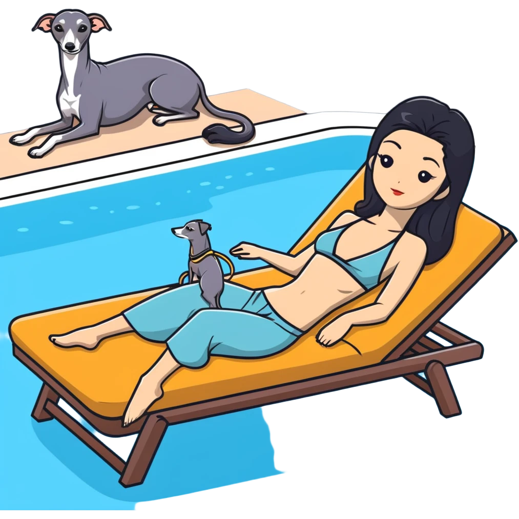 Very thin and slim Chinese woman with long black hair in elegant pool attire relaxing on a comfortable spa lounger at a luxury spa pool with her Italian greyhound that is COMPLETELY solid dark grey with ABSOLUTELY ZERO white markings anywhere - 100% uniform dark grey color only - also relaxing on a lounger emoji