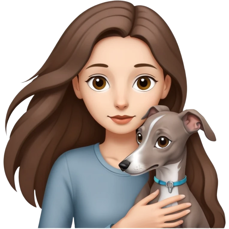 A girl with long brown hair holding a gray Italian greyhound emoji