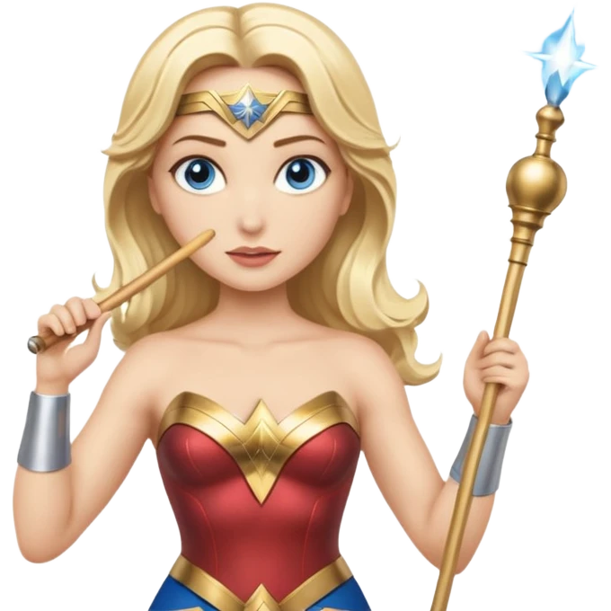Blonde blue eyed Wonder Woman holding white orchestra conductor’s baton and bell  emoji