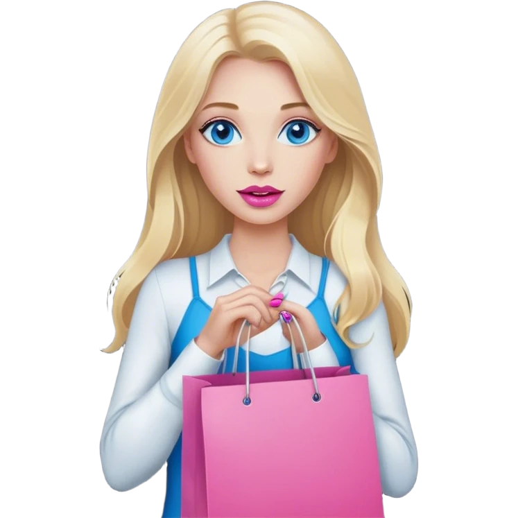Cinematic realistic blonde with long hair, blue eyes and pink lips holds shopping bags in her hands emoji