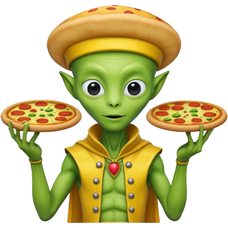 alien, wearing yellow ancient custome, with pizza emoji