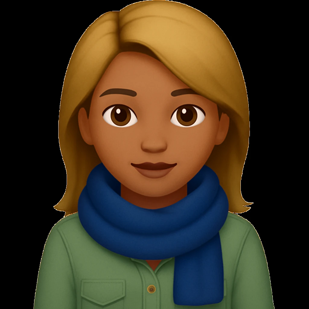 Edit the image of a girl with wheatish complexion, light green shirt, and jeans to change the scarf color to blue. Keep the rest of the image the same. The original style is emoji style, so maintain a simple and clean emoji-like appearance. emoji