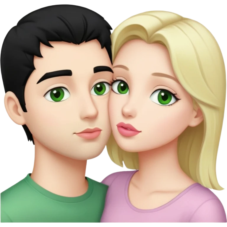 A blonde girl with fair skin and green eyes and light pink lips a guy with black hair and fair skin and green eyes are kissing emoji