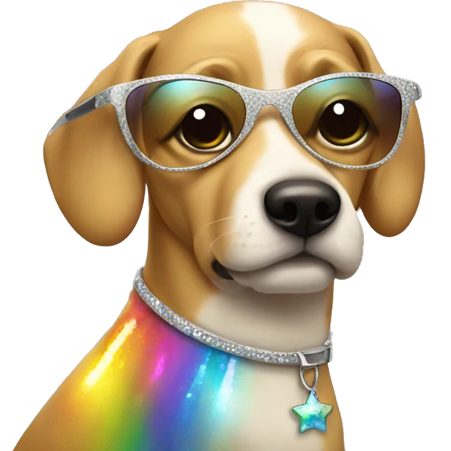 Sparkly dog with puppy eyes with sun glasses and rainbows emoji