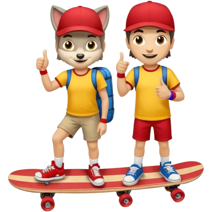 A gray wolf with large, expressive eyes and a friendly smile. The gray wolf is wearing a bright yellow T-shirt, red shorts, white knee socks, and sneakers. The baseball cap is worn backwards. The wolf holds a skateboard in one hand and gives a thumbs-up with the other, a confident and cheerful pose. emoji