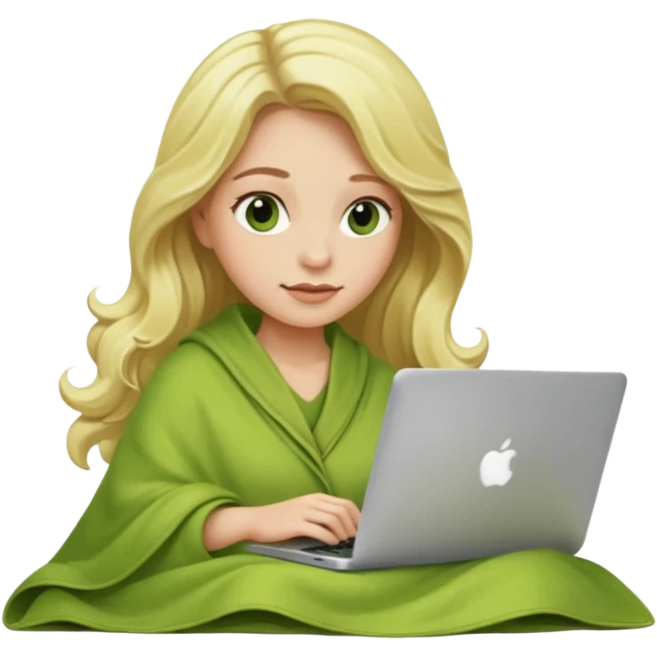 Blonde long wavy hair woman inside a green pistachio color blanket working on her macbook emoji