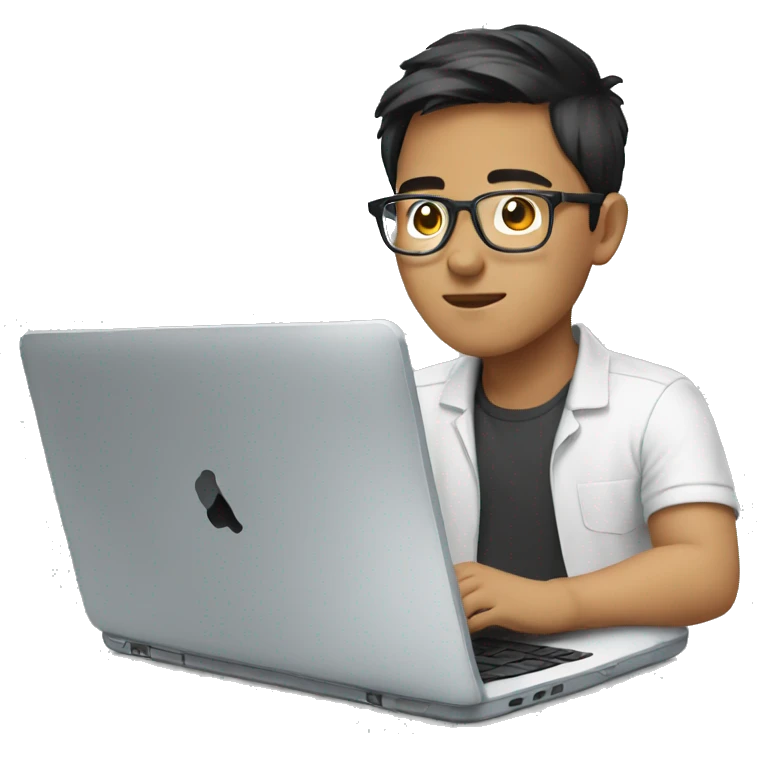 young asian man with glasses working laptop emoji