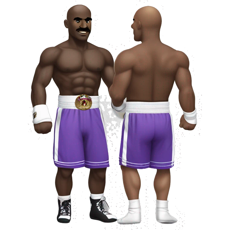 Evander Holyfield in his prime, bald, in boxing attire, purple shorts, with guard half up emoji