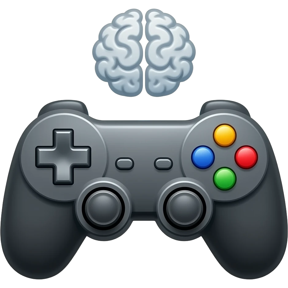 Icon of a stylized video game controller (gamepad) with a glowing brain symbol above it, AI in gaming concept, intelligent NPCs, flat design, vector graphics, colorful. emoji
