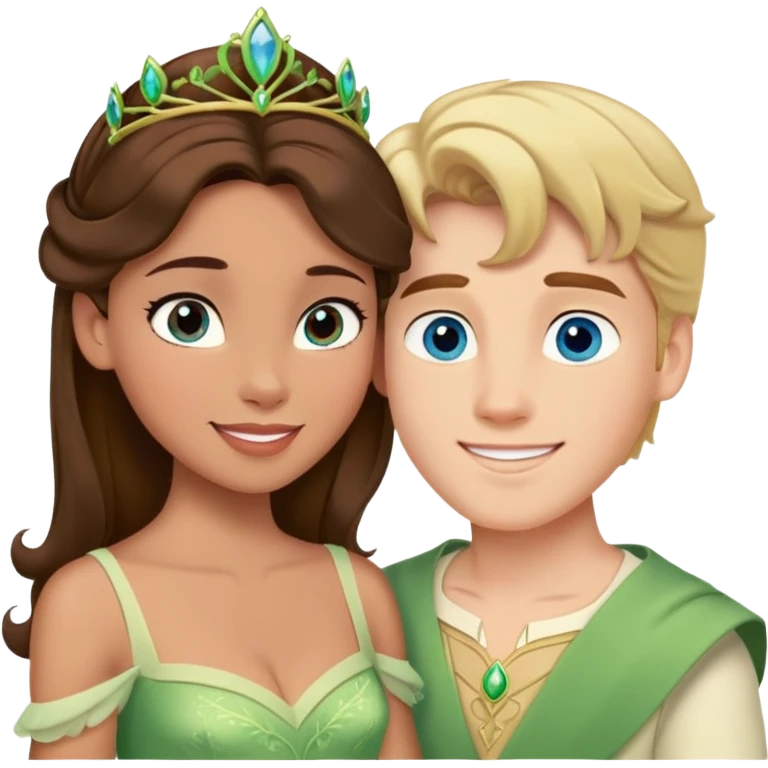 Princesa Tiana  morena pelo marrón enamorada con un chico rubio de ojos azules  emoji