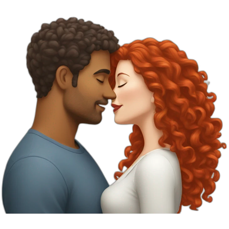 Brown man with a hair cut fade kissing a White woman with long red curly hair emoji