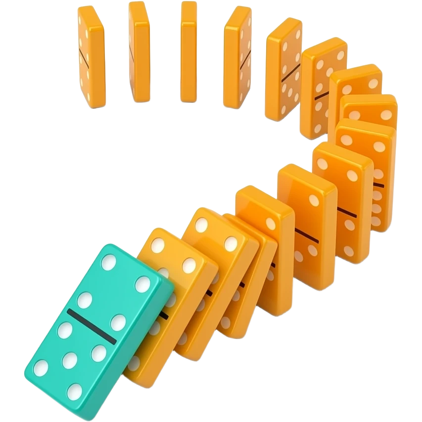 Modern 3D render of sleek dominoes falling in a chain reaction. The lead domino is teal, triggering a cascade of glowing orange dominoes. Modern minimalist aesthetic, glossy finish, isometric view, soft shadows, white background. emoji
