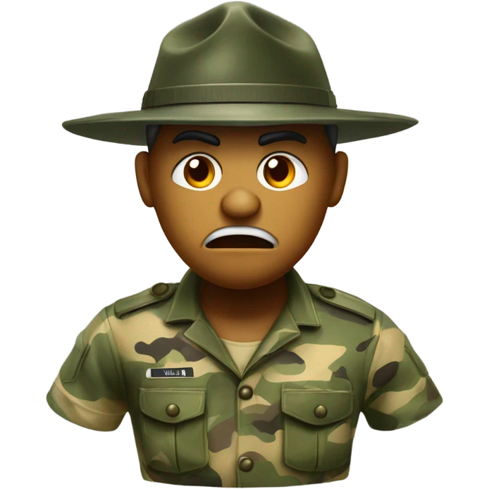 drill sergeant character wearing a classic sergeant hat and a camouflage army shirt. The character should have an angry intense expression. full torso emoji