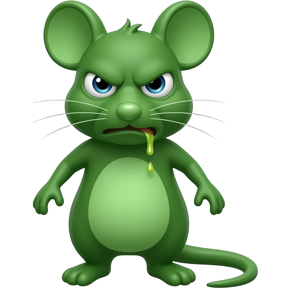 A little green mouse standing upright, with human-like arms and legs, is looking at us with a disgusted expression; it looks like it’s about to throw up. The mouse’s body is entirely green. emoji