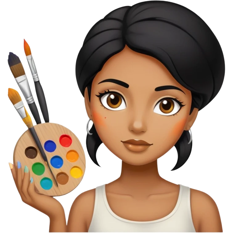 painting, artist, black hair tanned woman, paint pallet colors and paint brush emoji