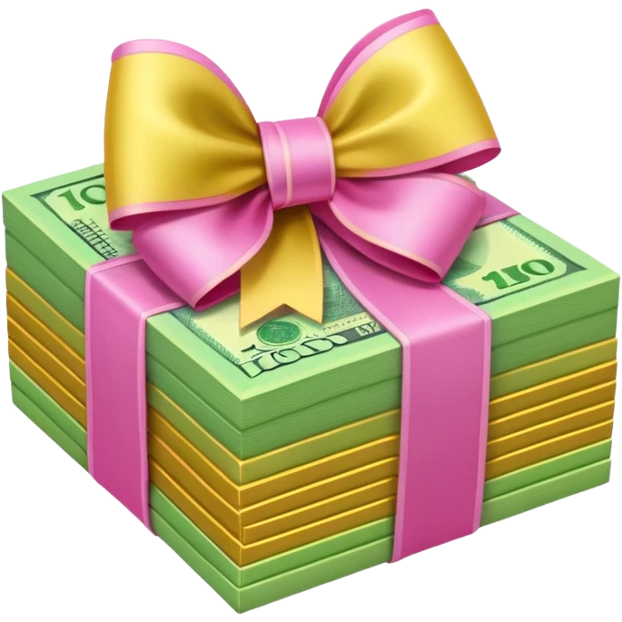 Bright Green & Golden Yellow Gradie ntAustralian $100 notes stacked together and wrapped in a girly pink bow emoji