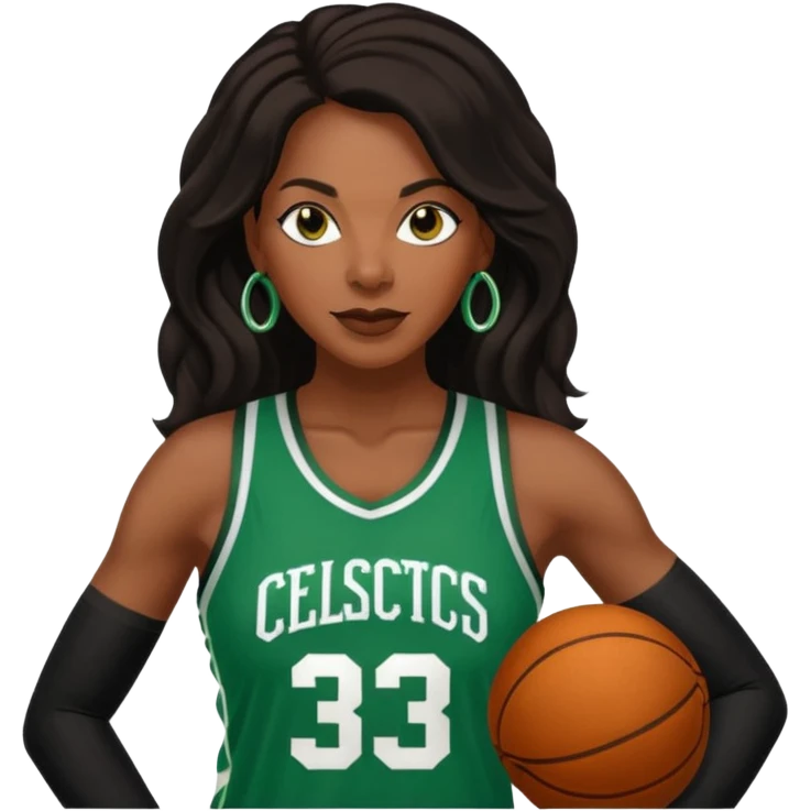 45 year old black women with long brown and black hair dressed in sexy 
celtics jersey  emoji
