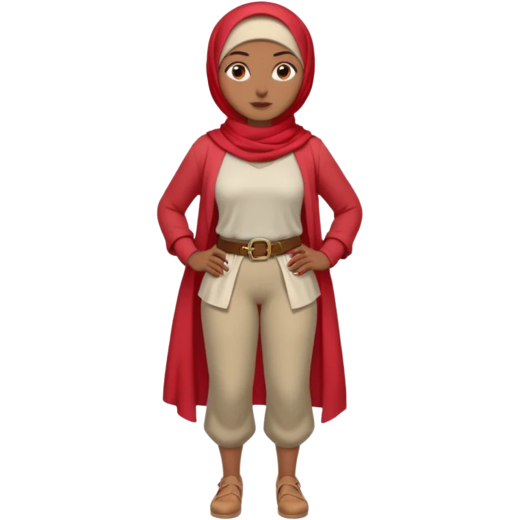 Heavy-set woman with medium-brown skin wearing a light red hijab, cream top, light red pants, tan shoes, and a visible gray pirate peg leg. Standing confidently with one hand on her hip emoji