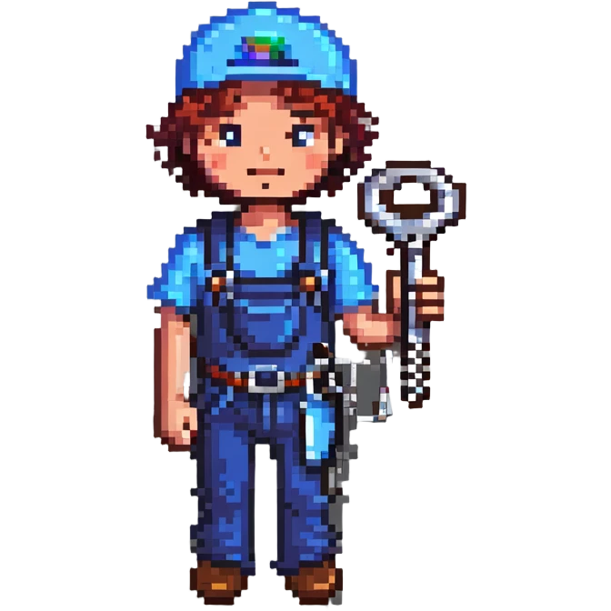 Bright colorful pixel art IT technician holding a car repair tool key emoji