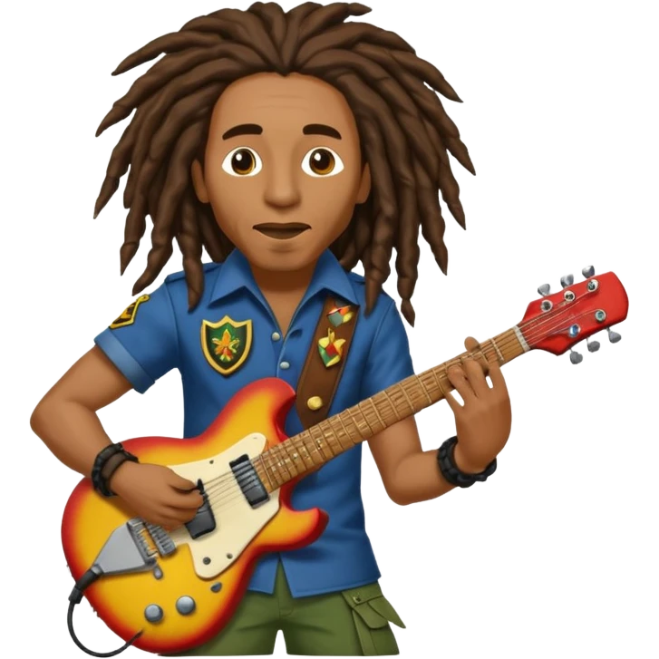 Bob Marley with dread locks play electric guitar in form heraldic crest emoji