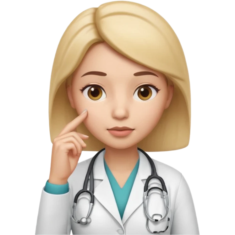 3D memoji female doctor, hand touching chin in thinking pose, thoughtful expression, slightly narrowed eyes, professional medical look, isolated PNG emoji