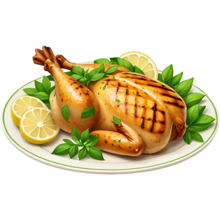 Draw a grilled chicken on a plate with herbs & lemon slices. emoji