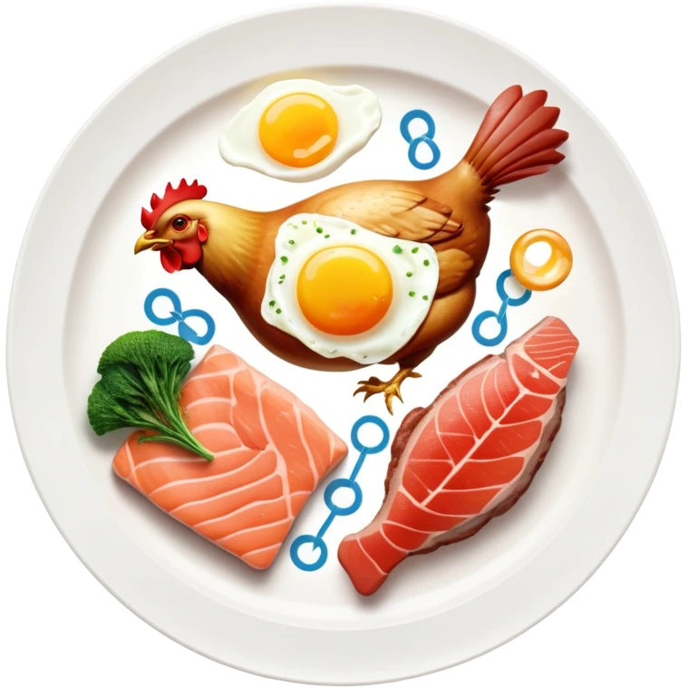 Floating plate with protein foods: large golden chicken breast in the center, smaller salmon fillet, red meat steak, and an egg, all orbiting a DNA double helix, with energy rays connecting to a muscular figure silhouette emoji