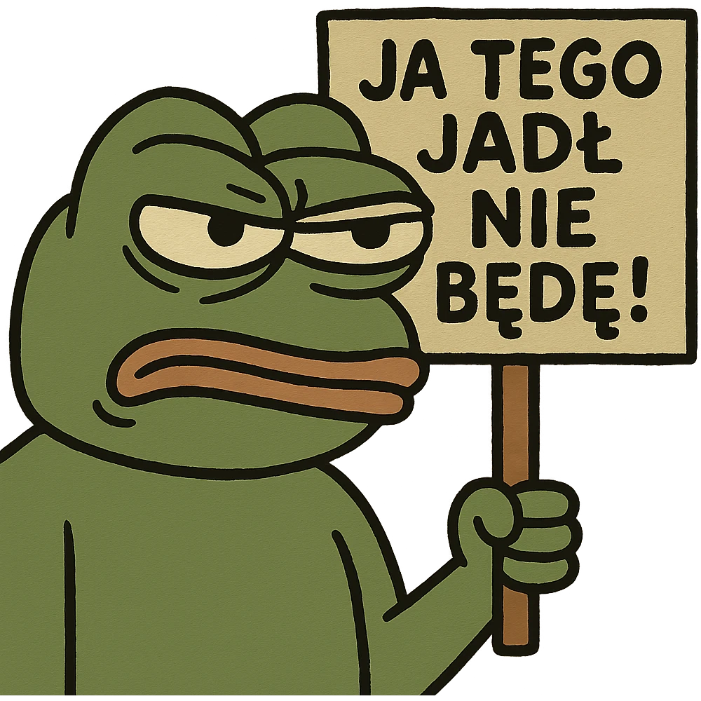Ludek from REPO holding a sign with the text 'Ja tego jadł nie będe!', angry and annoyed facial expression emoji