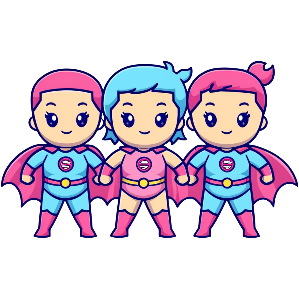 three cute superhero girls with powers - one in light blue costume, one in pink costume, and one in light green costume emoji