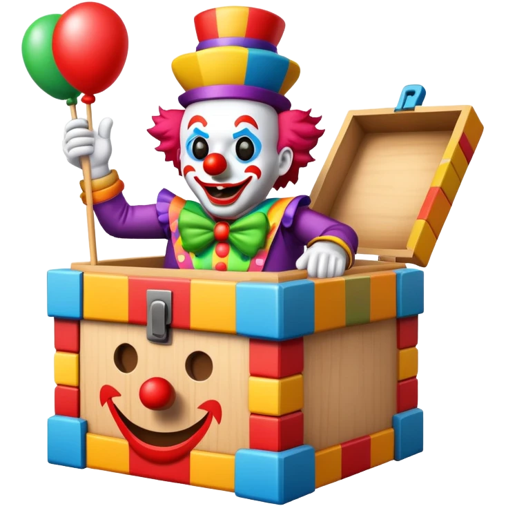 A "jack-in-the-box" is a children's toy consisting of a colorful box from which a figure, often a clown or jester, springs up out of the box when the lid is raised or the crank is turned.  emoji