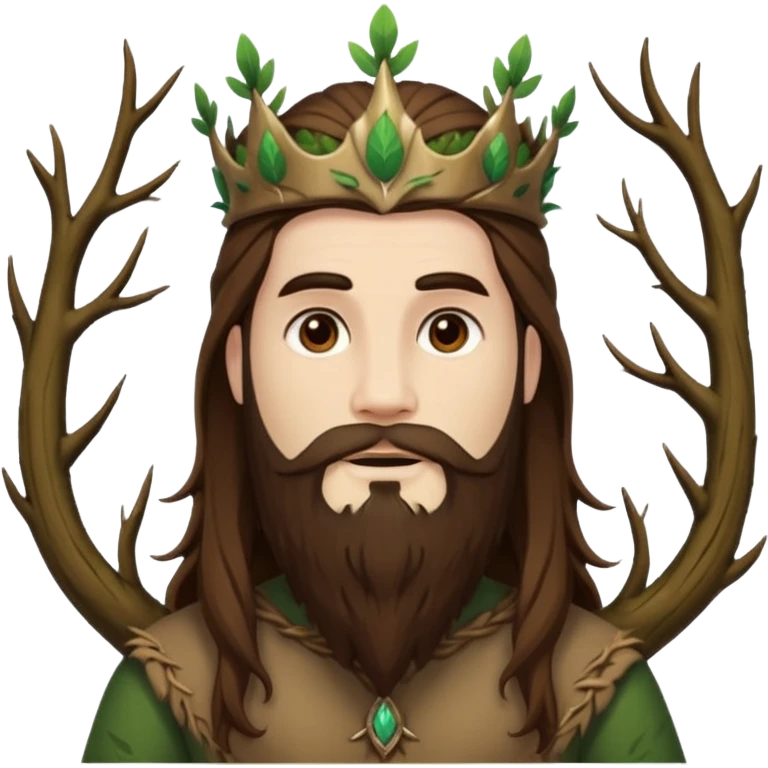 full body man long brown hair brown eyes medium beard white skin forest spirit with root crown emoji