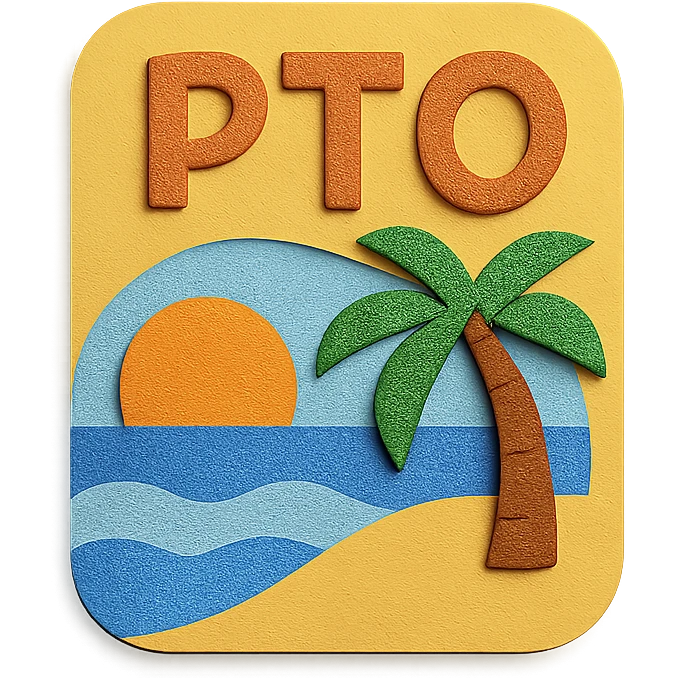 emoji with the text 'PTO' and a beach scene paper craft style emoji