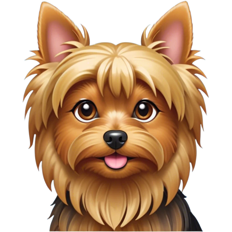 Cinematic Cute Yorkshire Terrier Portrait Emoji, Head perked with bright, twinkling eyes and a perky expression, showcasing a soft, silky fur in rich hues, simplified yet adorably detailed, glowing with a cheerful, inviting glow, high shine, exuding playful intelligence and spunky charm, styled with a gentle, whimsical outline, capturing the essence of a cute Yorkshire Terrier that appears ready to frolic off the screen with irresistible energy! emoji