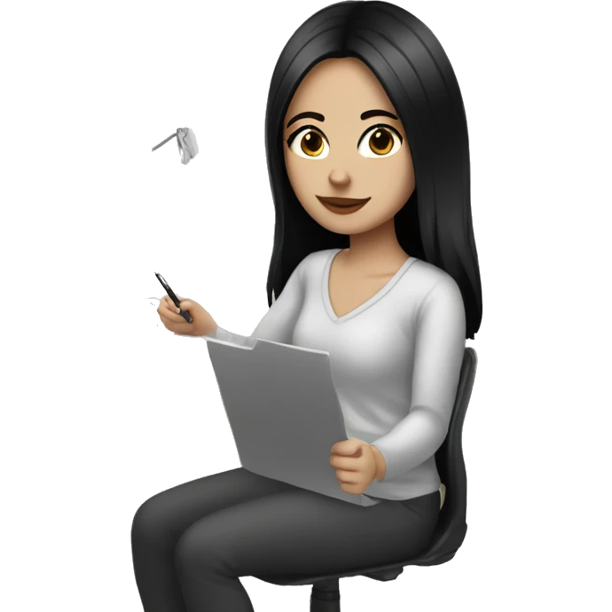 Pretty white girl with black hair and dark brown eyes working at home emoji
