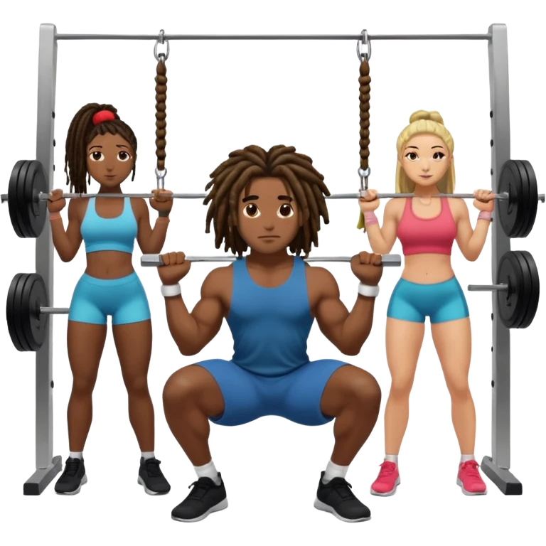 Black guy with dreads doing squats in gym with ladie around him emoji