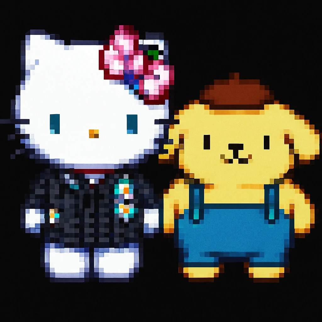 Add a friend to Hello Kitty in the style of pixel art emoji
