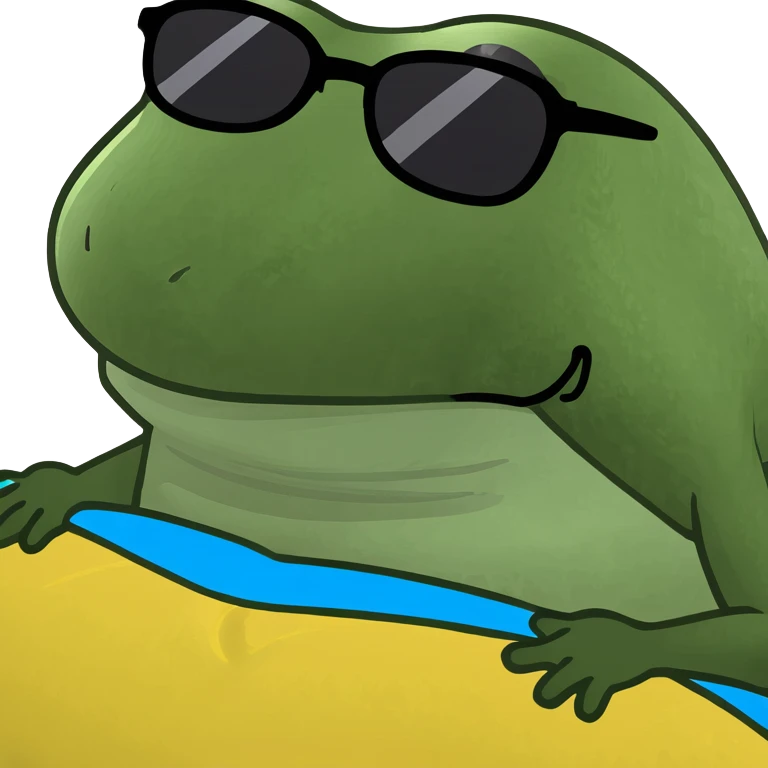 bufo frog floating in a pool on an inflatable, looking relaxed emoji