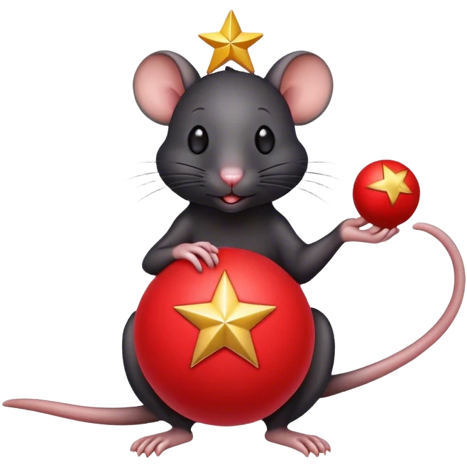 Black rat Holding a red ball with a star ￼￼ emoji