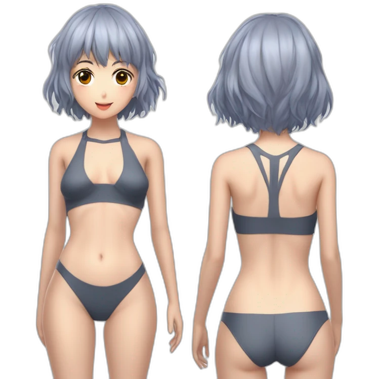realistic full body rei ayanami nue short hair teen back and front views bikini emoji