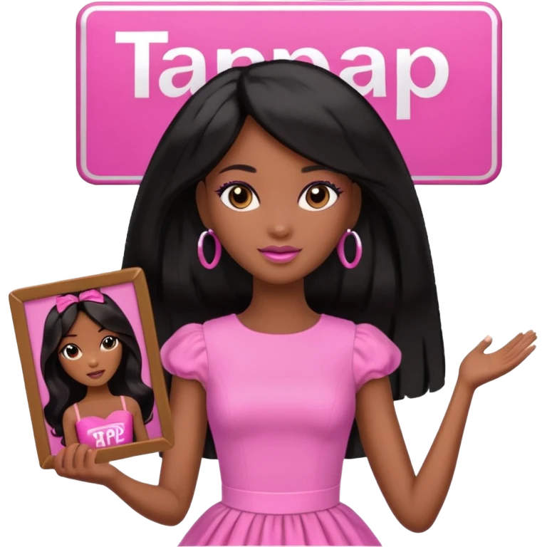 Black barbie, long black  hair, pink dress holding sign, that says tap emoji