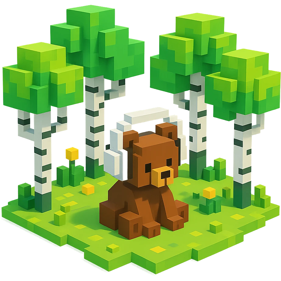 березовый лес, в котором сидит бурый медвежонок в белых наушниках (наушники должны закрывать уши медведя), no background  emoji