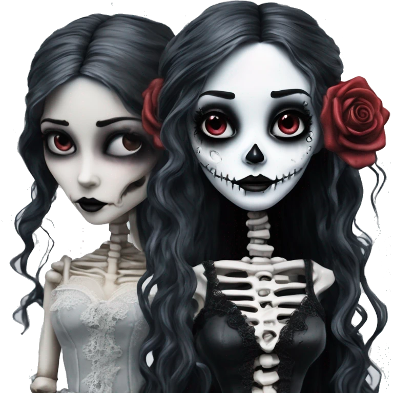 full body, hyper realism, full height skeleton, tim burton "corpse bride", thin porcelain doll with a cracked face, goth makeup watery eyes, long hair, lace and ruffles, lolita style, inked, black and white, red roses emoji
