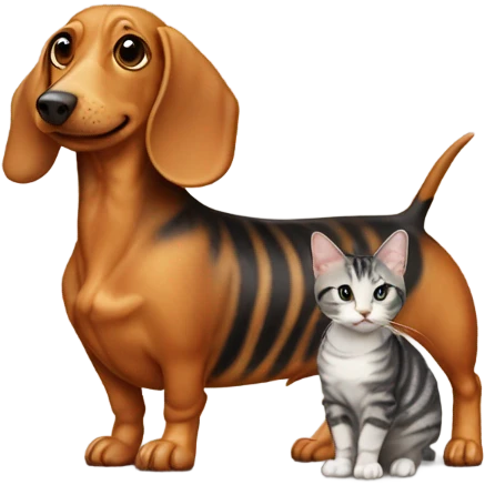 Wiener dog standing next to striped cat emoji