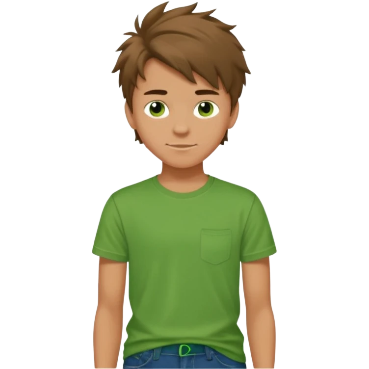 A 14 yerar old teenage boy, slightly tanned, wearing a green tshirt (no pocket), blue jeans and green sneakers with brown tousled hair, smirking emoji